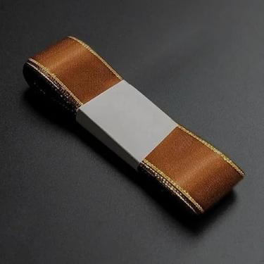 Imagem de Fita de cetim com bordas douradas de 5,46 metros para embrulho de tecido de 2,7 cm para buquê de casamento, laços florais, artesanato, festa, decoração de casa, Sienna