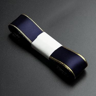 Imagem de Fita de cetim com bordas douradas de 5,46 metros para embrulho de tecido de 2,7 cm para buquê de casamento, laços florais, artesanato, festa, decoração de casa, azul escuro