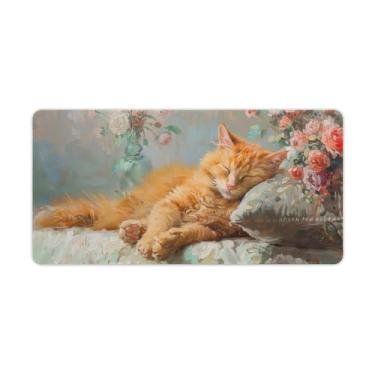 Imagem de FoRes Tapete de rato grande de gato adormecido com flores adormecidas para jogos, base de borracha antiderrapante, tapete de mesa, acessórios de computador, suprimentos para escritório, casa, 30 x 60