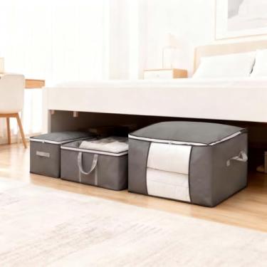 Imagem de Sacos de armazenamento grandes para edredons e cobertores, organizador de armário de 61 x 40 x 35 cm com fecho de zíper, recipientes de armazenamento de tecido resistente para roupa de cama (cinza)