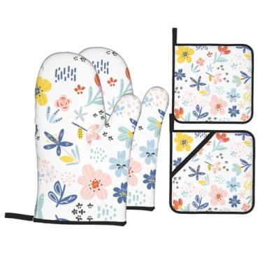 Imagem de Conjunto de luvas de cozinha estampadas com suportes de tampa, luvas de forno resistentes ao calor para manusear panelas quentes, grelhar, churrascos, kit de 4 peças.