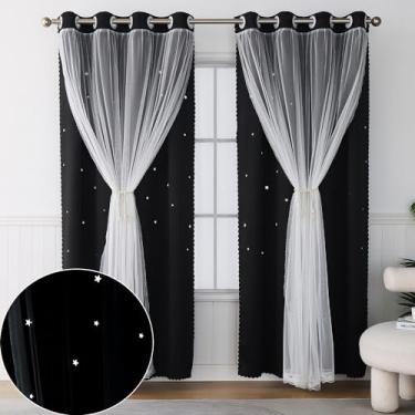 Imagem de Ftinala Cortinas blackout com sobreposição transparente – Cortina preta com recorte de estrela fofa para decoração de quarto de meninas adolescentes, 2 painéis de 2 painéis, cortinas divisórias