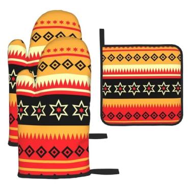 Imagem de Conjunto de cozinha essencial de 3 peças com estampa indiana, africana, listrada, luvas seguras para calor, proteção para churrasco no forno, design de armazenamento suspenso.
