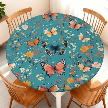 Imagem de Yesad Toalha de mesa redonda com borda elástica para mesa redonda de até 114 a 122 cm, capa de mesa impermeável para acampamento, interior, exterior, férias, verão, borboleta