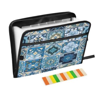 Imagem de Wassud Azulejo ornamentado azul (3) 13 bolsos organizador de arquivos sanfonado pastas de arquivos expansíveis com abas e adesivos, organizador de pastas de documentos de recibo de papel tamanho carta