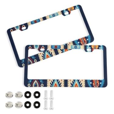 Imagem de CEBUGI Pacote com 2 molduras de placa de carro de alumínio capas de moldura de placa de carro com 2 furos Boho floral acessórios automotivos para placas dianteiras e traseiras orifício elíptico