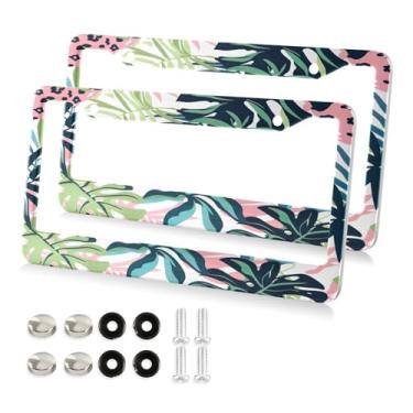 Imagem de Qilmy Molduras de placa de licença 2 pacotes, capas de placa de licença de folhas de palmeira tropical, moldura universal de etiqueta de alumínio para etiquetas dianteiras e traseiras do carro134