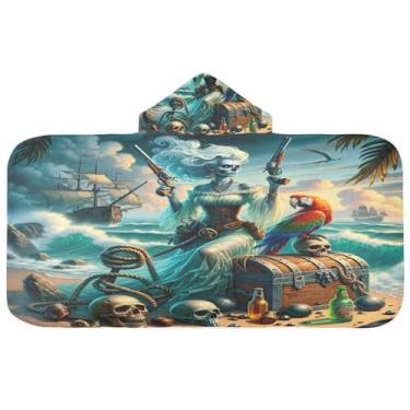 Imagem de Burbuja Toalha de banho com capuz papagaio pirata fantasia para crianças, toalha de praia de pelúcia macia absorvente para meninas e meninos 3-10 anos, 61 x 127 cm