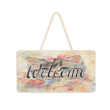 Imagem de Burbuja Placa de boas-vindas de gato com flores para porta da frente, placa de boas-vindas de PVC para decoração de férias de casa de fazenda, 15 x 28 cm