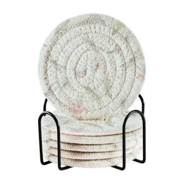 Imagem de GakkiGii Conjunto de 6 porta-copos redondos absorventes de libélulas e pássaros com suporte, porta-copos de tecido para mesa de centro, bar, decoração de cozinha