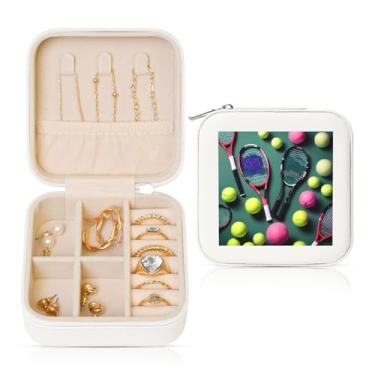 Imagem de Raquetes de tênis engraçadas e bolas de tênis, caixa de joias quadrada, estojo de armazenamento portátil para anéis femininos, brincos, colares