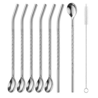 Imagem de Canudo Colher 2 EM 1 de Aço Inoxidável com Escova de Limpeza 6 Peças Mexedor para Drinks Bebidas Gin Chá Açaí Bar