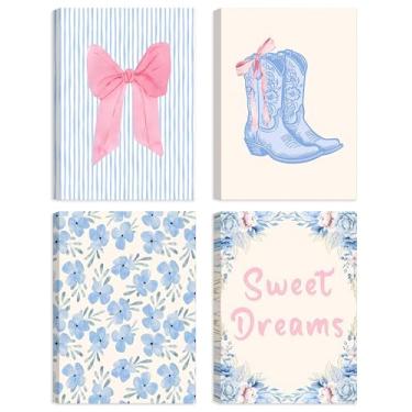 Imagem de 4 peças emolduradas modernas arte de parede em tela preppy botas com laço rosa listras azuis e brancas decoração de parede Sweet Dreams flores azuis pôsteres impressões arte para casa quarto