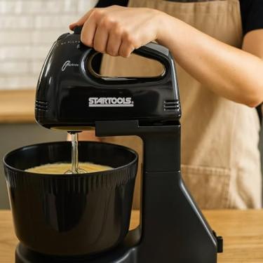 Imagem de Batedeira Elétrica com Balde 2L, 127V, Preta, Mixer de Mão com Suporte e Tigela