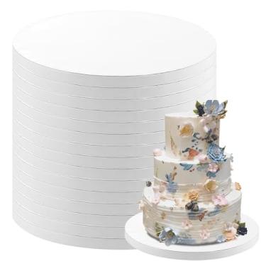 Imagem de Pacote com 15 tábuas de bolo redondas de 35,5 cm, tambores brancos de 1,27 cm de espessura, base de bolo de papelão ondulado para bolos multicamadas, suprimentos resistentes de decoração de bolos