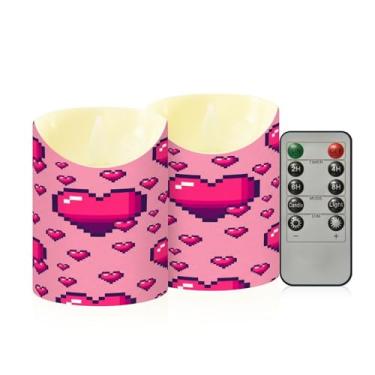 Imagem de Wassud Pacote com 2 velas sem chama de coração pixel com controle remoto, velas realistas cintilantes com temporizador, velas decorativas para Natal, casamento, festa, decoração de casa, pequenas