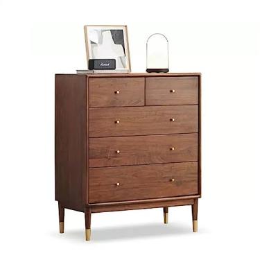 Imagem de Cômodas Cômoda de madeira maciça, cômoda quarto, gaveta armazenamento, organizador armário, corredor, estilo americano com 5 gavetas, nogueira