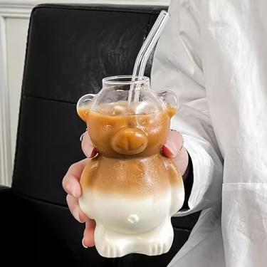 Imagem de Copo de vidro em forma de urso com canudo - copo de urso fofo adequado para café, chá, vitaminas, cerveja e coquetéis - vidro reutilizável com canudo para & s, lavagem à mão apenas, presente ideal