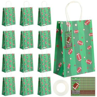 Imagem de Naucoos 12 peças de sacos de embrulho de presente de futebol com etiquetas de agradecimento, conjunto de sacos de papel de esportes de equipe, decorações de cartão de felicitações para festa esportiva