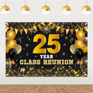 Imagem de JOYMEMO Pano de fundo de reunião de 25 anos de 1,5 x 0,9 m - preto e dourado 25ª reunião escolar decorações, fundo fotográfico para escola primária, universidade, bem-vindo de volta