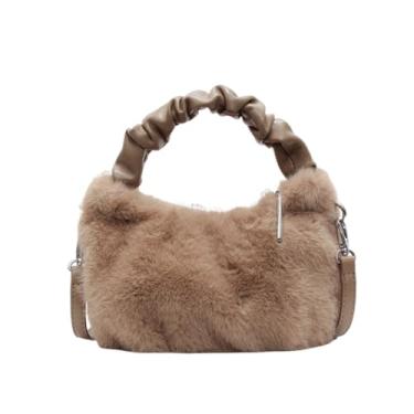 Imagem de CORIOS Bolsa de mão de pelúcia macia para mulheres, bolsa tiracolo fofa e fofa, pequena bolsa de mensageiro com alça superior peluda, Caqui, Large