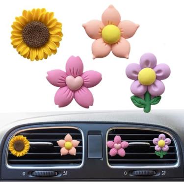 Imagem de Clipes de ventilação de margarida fofos, 4 peças de flores purificadores de ar clipes de ventilação difusores charmosos decoração de carro para mulheres acessórios de decoração de interiores de carro