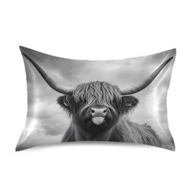 Imagem de Mystic Highland Cow Monocromático Padrão King Queen Travesseiros de Cetim Impressão Refrescante Cama Travesseiro Decoração King Size 101.6 cm x 50.8 cm
