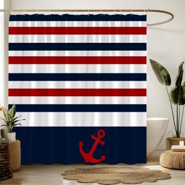 Imagem de AEMBEE Cortina de chuveiro âncora náutica vermelha, azul, branca, listrada, geométrica, oceano, 4 de julho, tecido patriota, cortinas decorativas de banheiro com ganchos, 177,8 cm L x 180 cm A