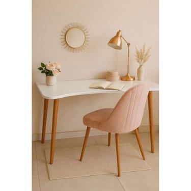 Imagem de Escrivaninha MDF com Pés de Madeira, Mesa de Estudo Compacta para Home Office e Quarto(Off White)