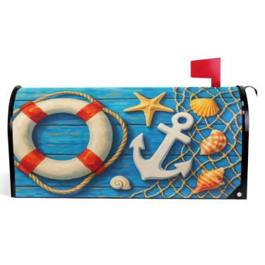 Imagem de TSENQUE Capas decorativas para caixa de correio de vinil magnético envoltórios de inverno âncora de desenho animado estrela do mar azul feriado à prova de intempéries caixa de correio decoração