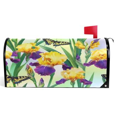 Imagem de TSENQUE Capas magnéticas para caixa de correio decorativas amarelo roxo íris flores vinil caixa de correio envoltório inverno caixa de correio moderna decoração de jardim tamanho padrão 52,6 x 45,8 cm