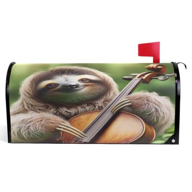 Imagem de TSENQUE Capas de caixa de correio magnéticas sazonais fofas preguiça violoncelo música outono caixa de correio envoltório vinil decorações modernas caixa de correio tamanho padrão 52,6 x 45,8 cm