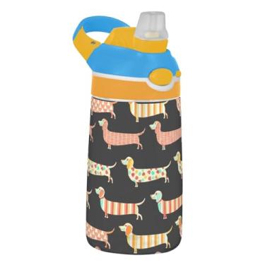 Imagem de Garrafa de água esportiva infantil laranja amarela Dachshund para escola, 473 ml, garrafa de água Tritan de 473 ml com canudo, copo portátil à prova de vazamento, alça de transporte