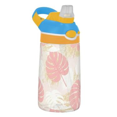 Imagem de Garrafa de água esportiva infantil abstrata rosa Monstera Leaves para escola, garrafa de água Tritan 473 ml com canudo, copos de viagem reutilizáveis para crianças portáteis, alça de transporte