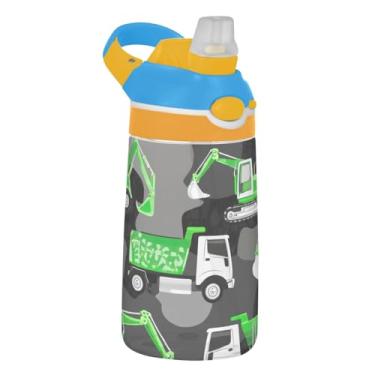 Imagem de Garrafa de água esportiva infantil de 473 ml com tampa de palha, garrafa de água reutilizável para escola, portátil, 473 ml, copos de viagem para crianças, alça de transporte, camuflagem de veículos