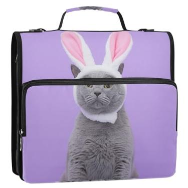 Imagem de Organizador de fichário com zíper, coelhinho da Páscoa, gato, roxo, 3 anéis, 3 anéis, anel D, bolsa grande com alça para armazenamento escolar, pasta de portfólio com alça