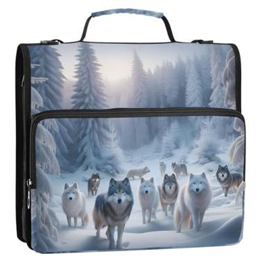 Imagem de Winter Forest Wolves, organizador de fichários com zíper, 3 anéis, bolsa de fichário resistente com alça para portfólio escolar e suporte de pasta de anel