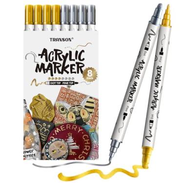 Imagem de TRANSON Conjunto de 4 marcadores de tinta prateada e 4 dourados, ousados e finos de ponta dupla, para pintura rochosa, tela, vidro, madeira, couro, cerâmica, pintura