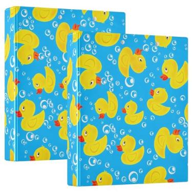 Imagem de Pastas fofas de patos amarelos com bolhas azuis de 3,8 cm, 3 argolas, 200 folhas, pastas, anel redondo, fichário, 31,5 x 27 x 6 cm, pacote com 2