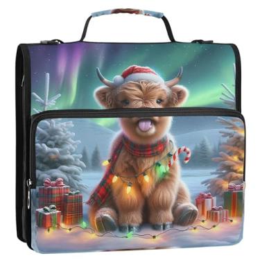 Imagem de Organizador de fichário com zíper, vaca Highland, gado de Natal, 3 cm, 3 anéis, bolsa grande para fichário escolar resistente, com alça de ombro, portfólio e estojo para pasta de anel