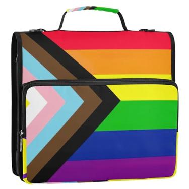 Imagem de Fichário com 3 anéis de arco-íris com bandeira do orgulho LGBT de 3 cm, organizador de fichários com zíper, bolsa escolar com alça de ombro, vários bolsos, pasta grande para portfólio