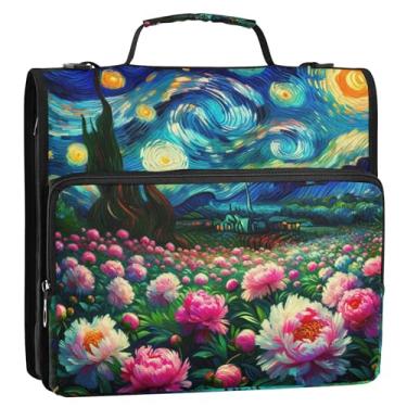 Imagem de Organizador de fichário com zíper e flores de peônia de noite estrelada, 3 anéis, 3 anéis, anel D, bolsa para fichário de ensino médio com alça, vários bolsos, pasta grande para portfólio