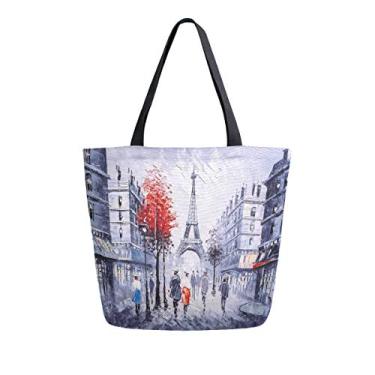 Imagem de Naanle Sacola de lona da Torre Eiffel grande feminina, casual, bolsa de mão, pintura a óleo, Paris, reutilizável, multifuncional, resistente, para compras, supermercado, bolsa de algodão para