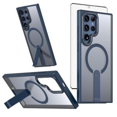 Imagem de Capa de celular para Samsung Galaxy S22 Ultra/S23 Ultra 5G com protetor de tela magnético e suporte rígido híbrido resistente S22ultra 22S S 22 S22ultra5g S23Ultra 23S S 23 23Ultra azul