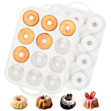Imagem de Vinino 2 formas de bolo de tubo caneladas de silicone com moldura reforçada de metal, formas de mini pudim de 12 cavidades, formas antiaderentes de cupcakes para assar, donuts, muffins, pão de milho