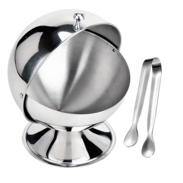 Imagem de Ntwoiee Açucareiro com topo de rolo tigela esférica de aço inoxidável, recipiente de açúcar, suporte de cubo de açúcar com pinça de açúcar de 10 cm clipe de açúcar inoxidável para cozinha, café, bar