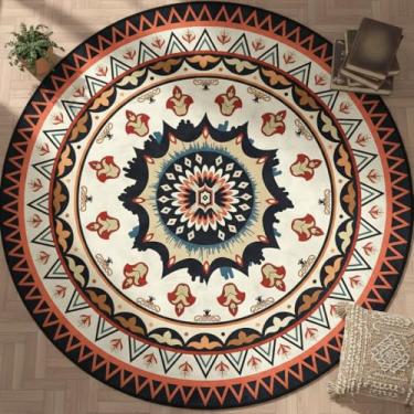 Imagem de CCoutueChen Tapete Boho Asteca Redondo para Sala de Estar 1,1 x 1,2 m Tapete Lavável à Máquina, Tapete Geométrico Paisley Boêmio