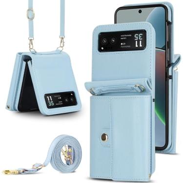 Imagem de Capa carteira para Motorola Razr 40, porta-cartões com bloqueio RFID e alça destacável, couro durável e TPU, 4 compartimentos para cartão, proteção contra quedas, capa flip com suporte para uso diário