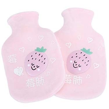 Imagem de 2 pçs dos desenhos animados flanela de borracha garrafa de água quente grosso saco de água quente 350ml (rosa claro)