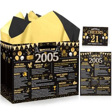 Imagem de EoBeCy Sacos de presente de aniversário de 21 anos para ele, em 2005, saco de presente com papel de seda, pôster e cartão comemorativo, papel de embrulho dourado preto para homens e mulheres 21 anos
